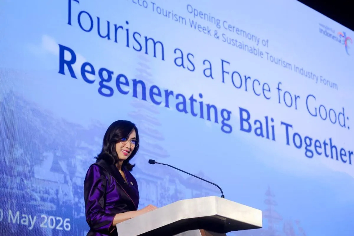 Menteri Pariwisata Widiyanti Putri Wardhana memberikan sambutan pada pembukaan Eco Tourism Week – Wonderful Indonesia Sustainable Tourism Industry Forum (WI-STIF) 2026 di The Meru, Bali, Sabtu (30/5/2026).
